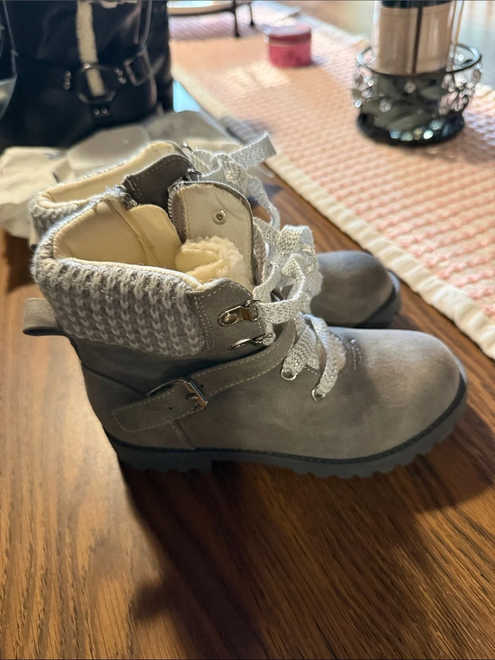 Girls size 13 Gray Faux-Fur Lined Lace-Up Boots